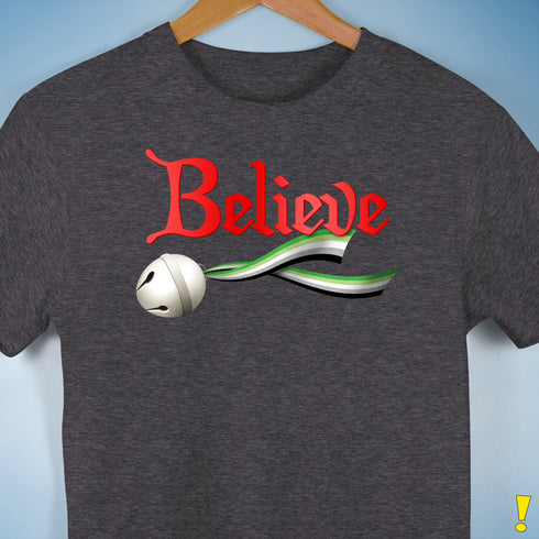 Believe Aromantic Pride Jingle Bell Premium Unisex T-Shirt - Dark Grey Heather